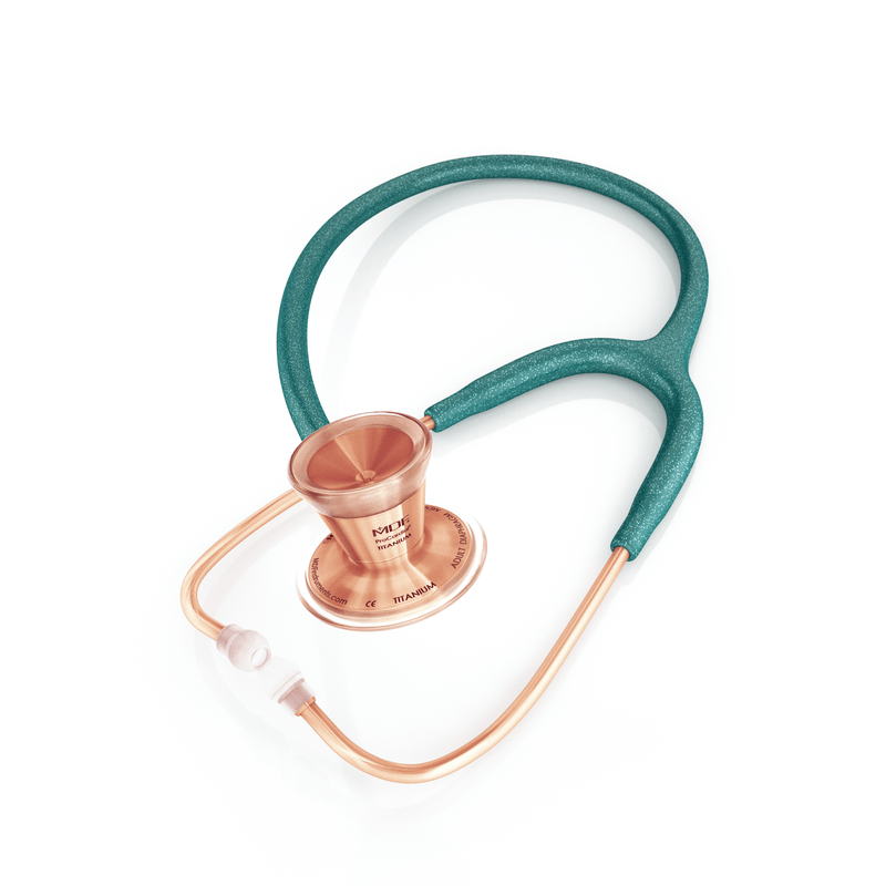 ProCardial® Titane Adulte Stéthoscope Cardiologie - Vert à Paillettes / Or Rose avec Étui - MDF Instruments France