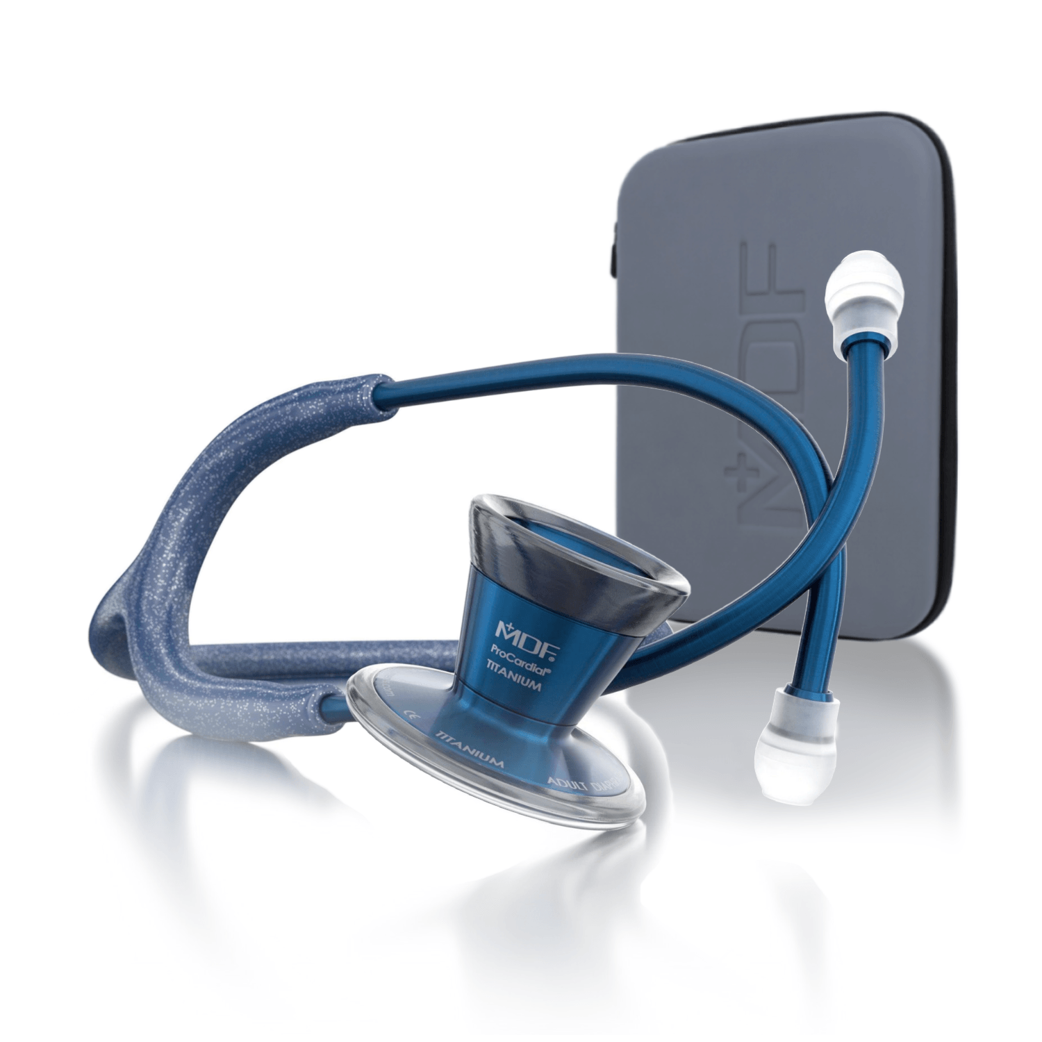 ProCardial® Titane - Stéthoscope de Cardiologie Adulte - Bleu à Paillettes / Capridium avec Étui - Site officielle de MDF Instruments France