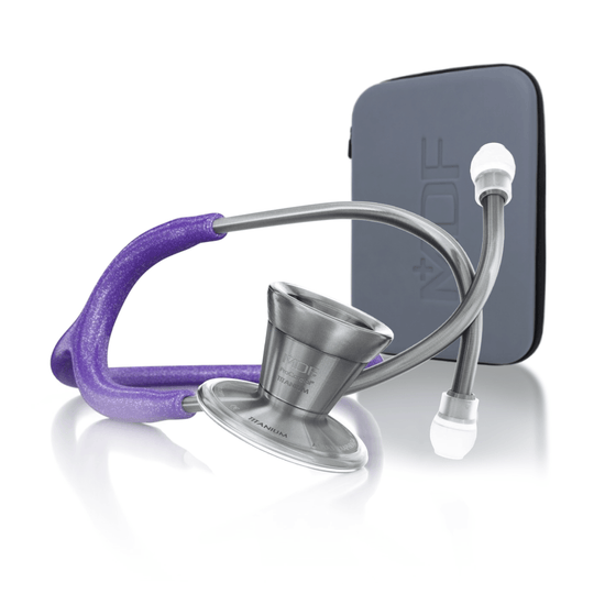 ProCardial® Titane - Stéthoscope de Cardiologie Adulte - Violet à Paillettes / Metalika avec Étui - Site officielle de MDF Instruments France