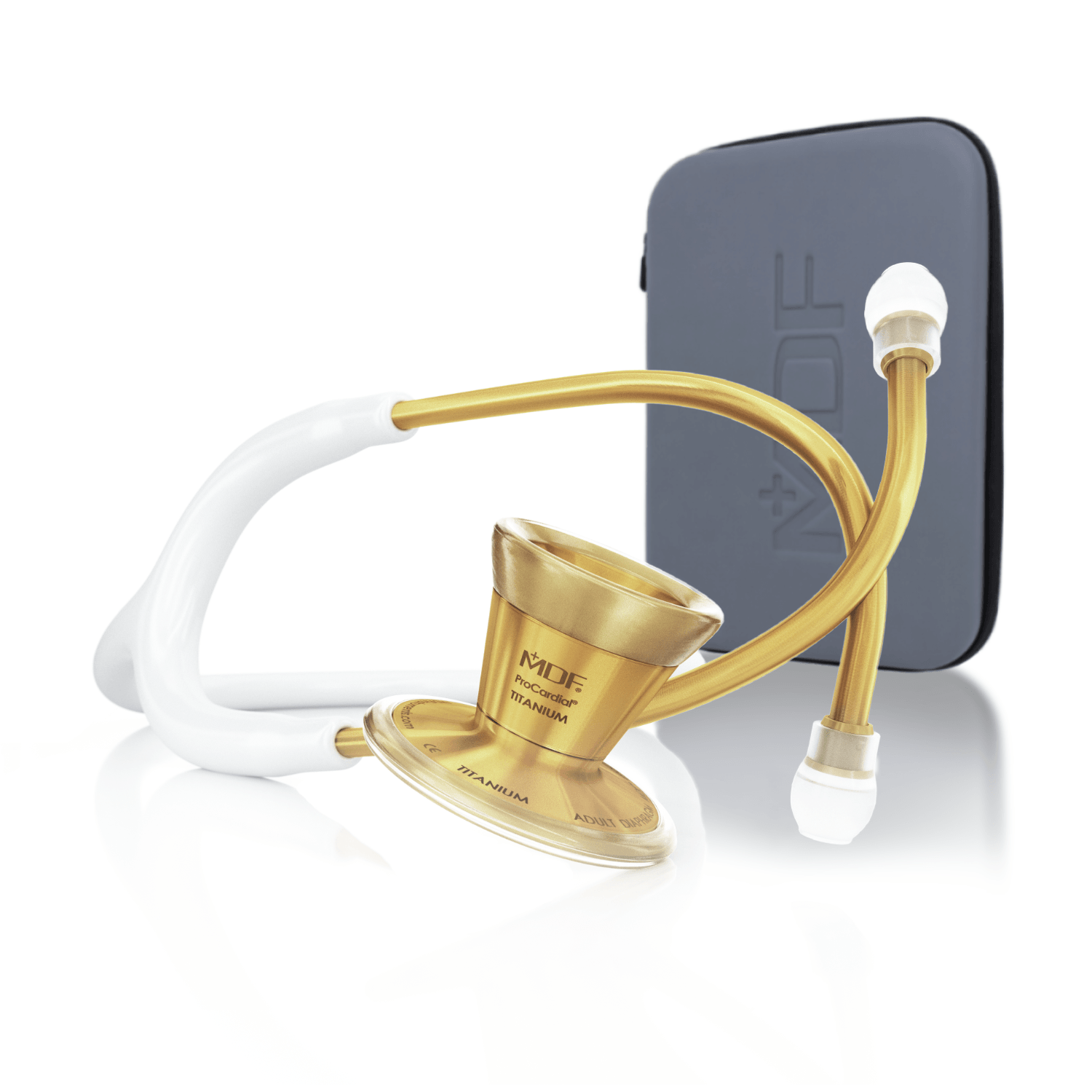 ProCardial® Titane - Stéthoscope de Cardiologie Adulte - Blanc / Or avec Étui - Site officielle de MDF Instruments France