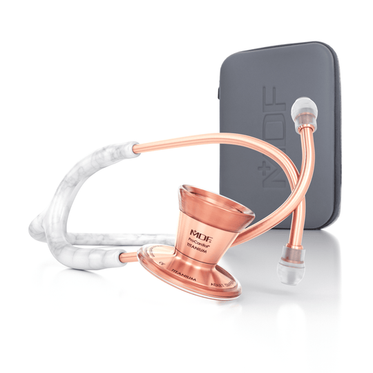 ProCardial® Titane - Stéthoscope de Cardiologie Adulte - Marble / Or Rose avec Étui - Site Officiel de MDF Instruments France