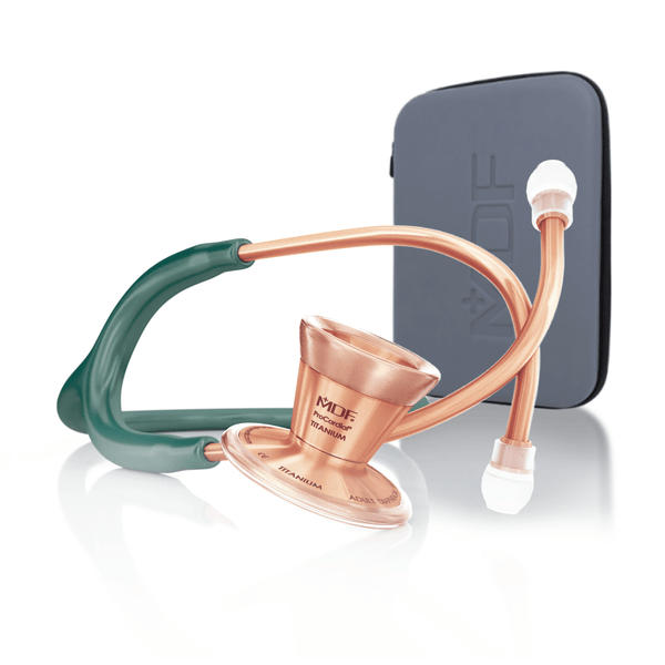 ProCardial® Titane - Stéthoscope de Cardiologie Adulte - Vert Émeraude / Or Rose avec Étui - Site officielle de MDF Instruments France