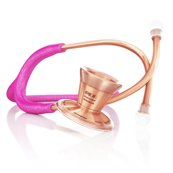 ProCardial® Titane - Stéthoscope de Cardiologie Adulte - Rose Clair Vif à Paillettes / Or Rose avec Étui